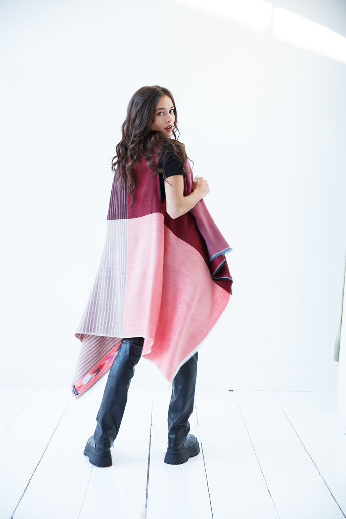 Red embroidered wool cape in petite sizes for women