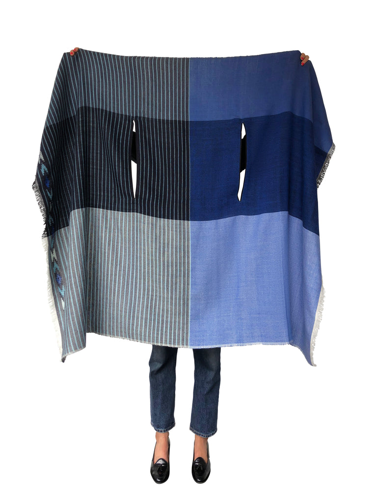 Light soft Wool Cape with embroidery in Blue | JULAHAS Cape Fusion 