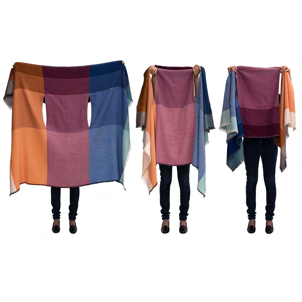 Shop orange, blue and pink Plus size wool poncho Cape Ganges by Julahas. Wear it in many ways
