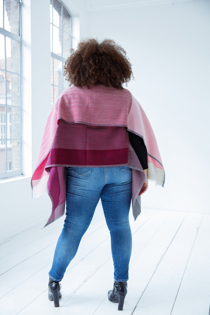 Women's multifunctional sustainable pink plus size wool cape by JULAHAS. Perfect for summer and winter