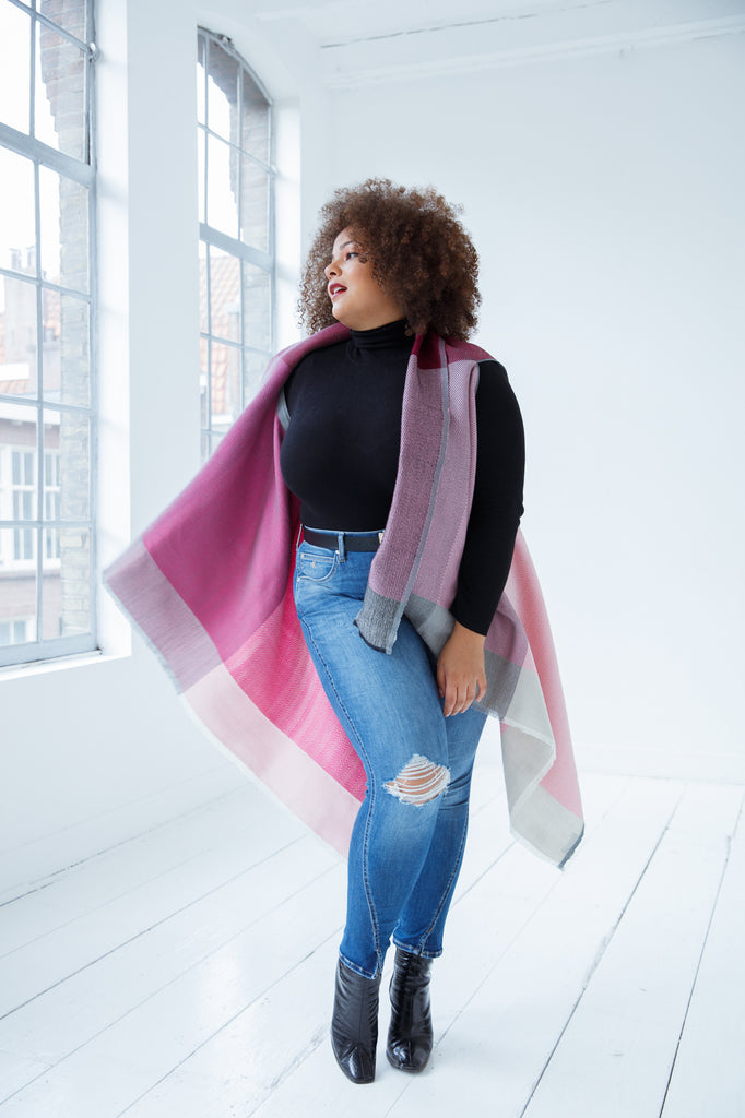 Women's multifunctional sustainable pink plus size wool cape by JULAHAS. Perfect for summer