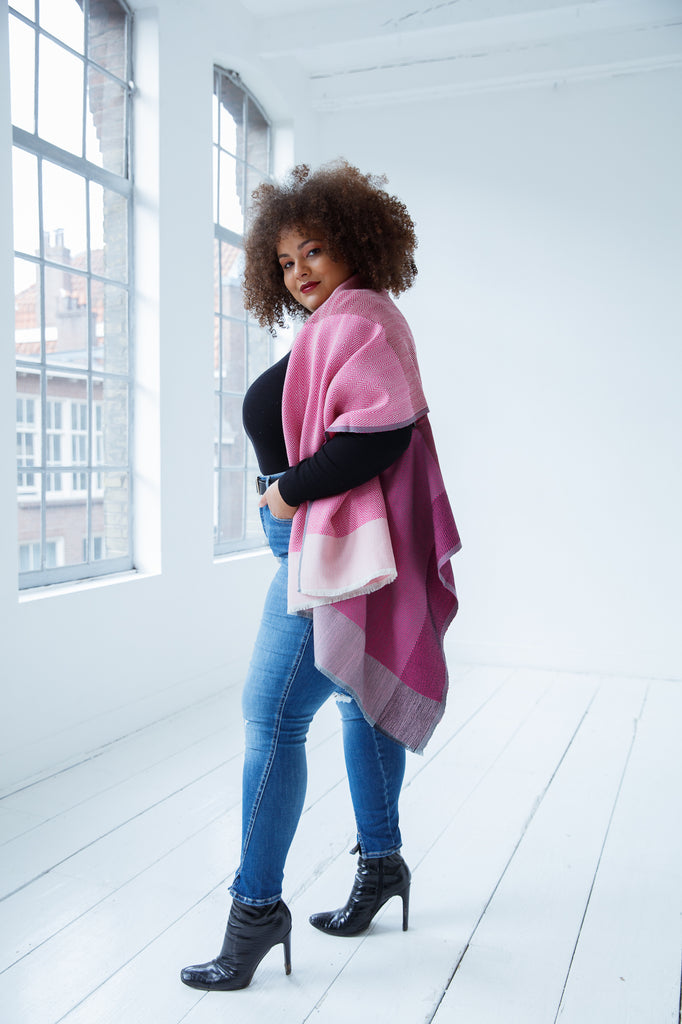 Women's multifunctional sustainable pink plus size wool cape by JULAHAS. Perfect for summer and winter 