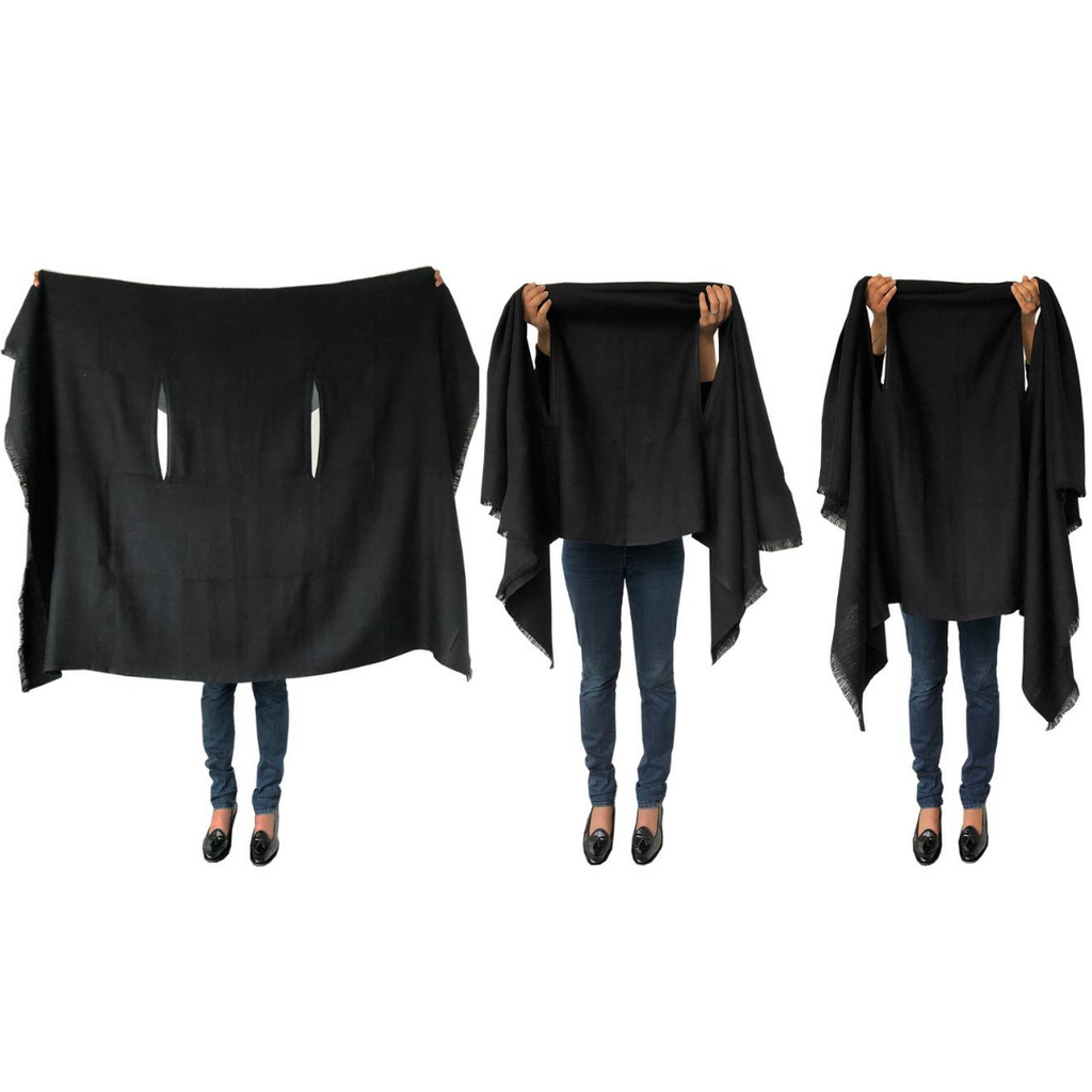 Shop all black sustainable plus size wool cape by julahas. Wear it long or wear it short. 