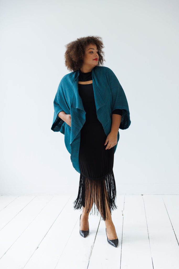 Oversized Wool silk kimono in teal green with pockets