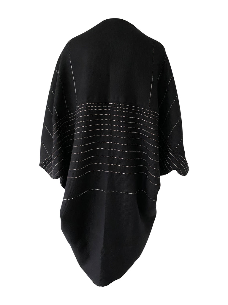 Women's oversized wool Kimono in black with white design details by Julahas.