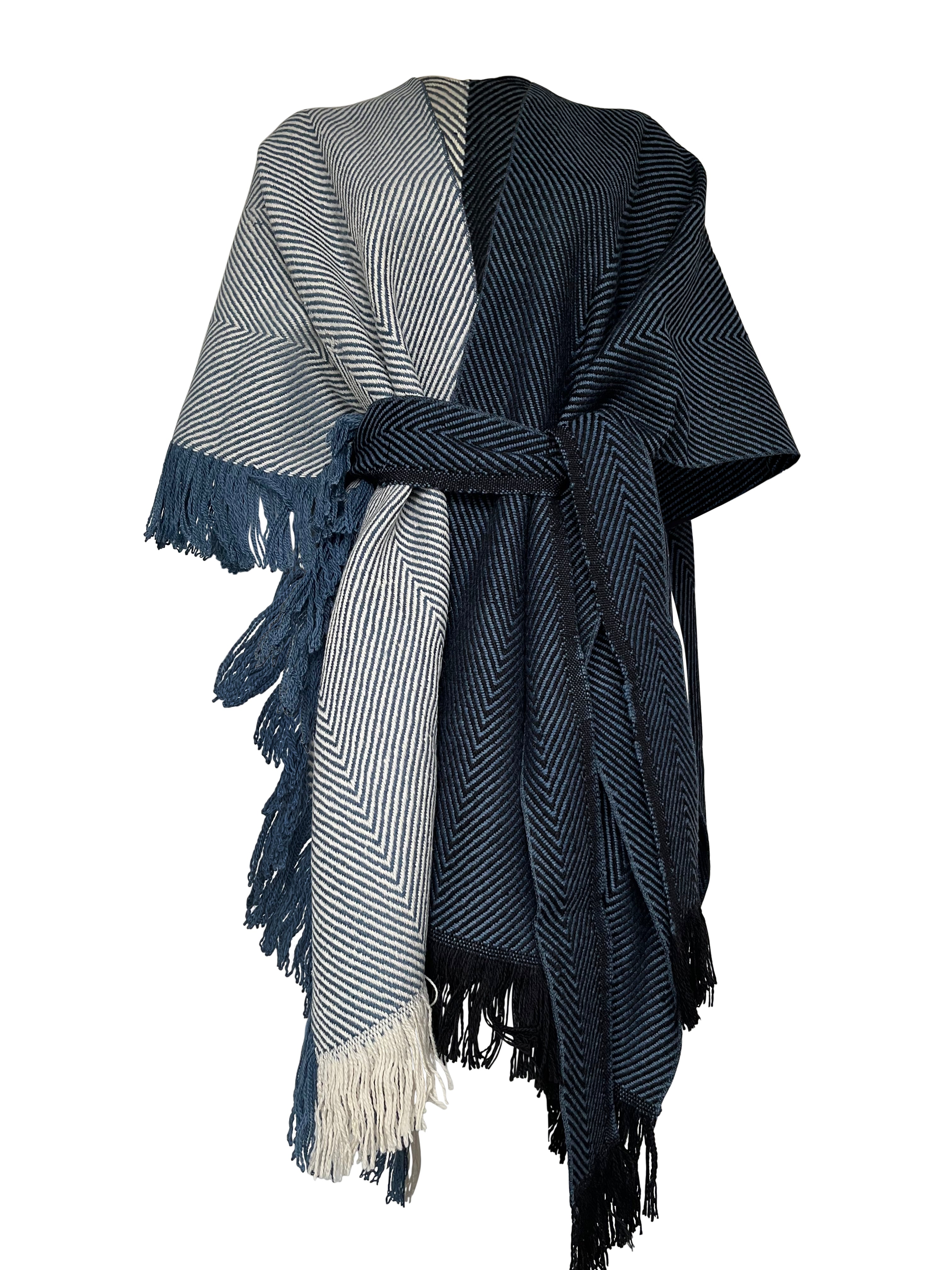 Eyelet Ruana Chunky Wool Ruana in Black, White and Indigo | JULAHAS