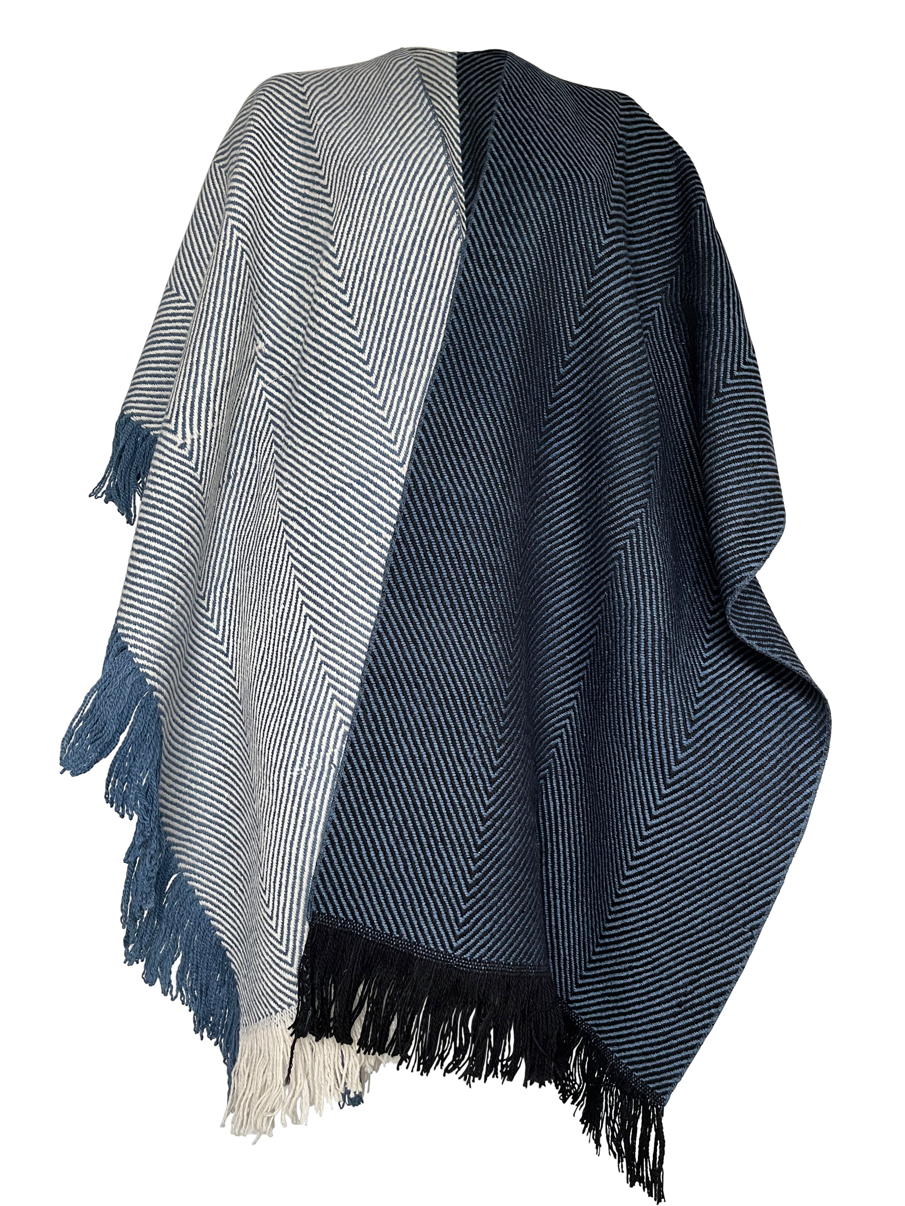Chunky Wool Ruana in Black, White and Indigo | JULAHAS