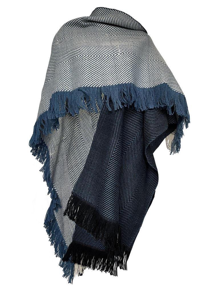 Chunky Wool Ruana in Black, White and Indigo | JULAHAS
