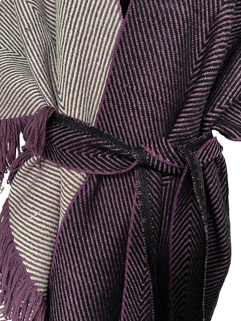 Chunky heavy wool purple ruana with belt | JULAHAS 