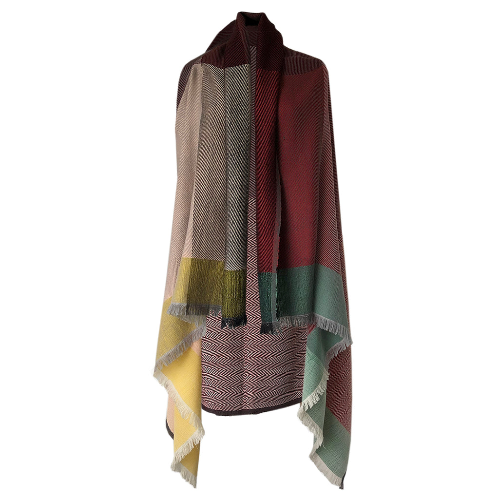 Petite size JULAHAS wool cape in salmon, red and green 
