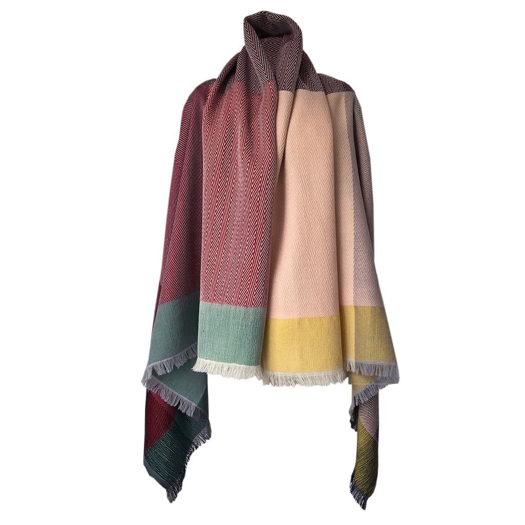 Petite size JULAHAS wool cape in salmon, red and green 