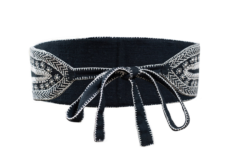 Stylish Cotton Black Hand-embroidered Obi Style Wrap Belt for Women JULAHAS