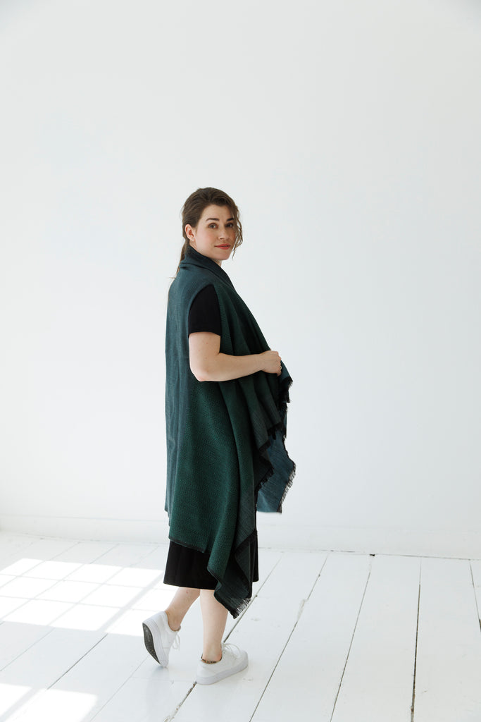 Sustainable petite size teal wool cape Daria Zanskar