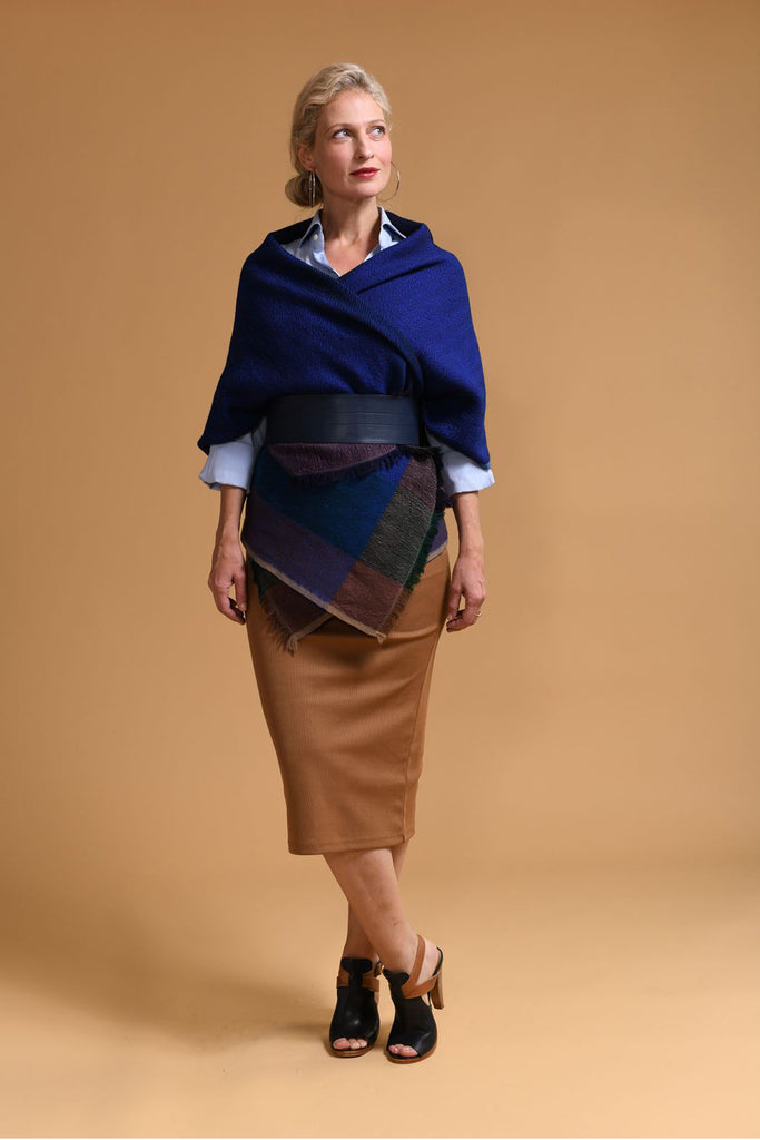 All-season pure wool poncho style vest Daria Cape Nile in statement blue